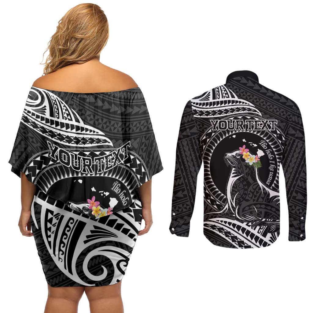 Personalised Hawaii Monk Seal Couples Matching Off Shoulder Short Dress and Long Sleeve Button Shirt Polynesian Tattoo With Tropical Flowers - Black