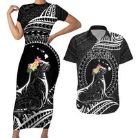 Personalised Hawaii Monk Seal Couples Matching Short Sleeve Bodycon Dress and Hawaiian Shirt Polynesian Tattoo With Tropical Flowers - Black LT14 Black - Polynesian Pride