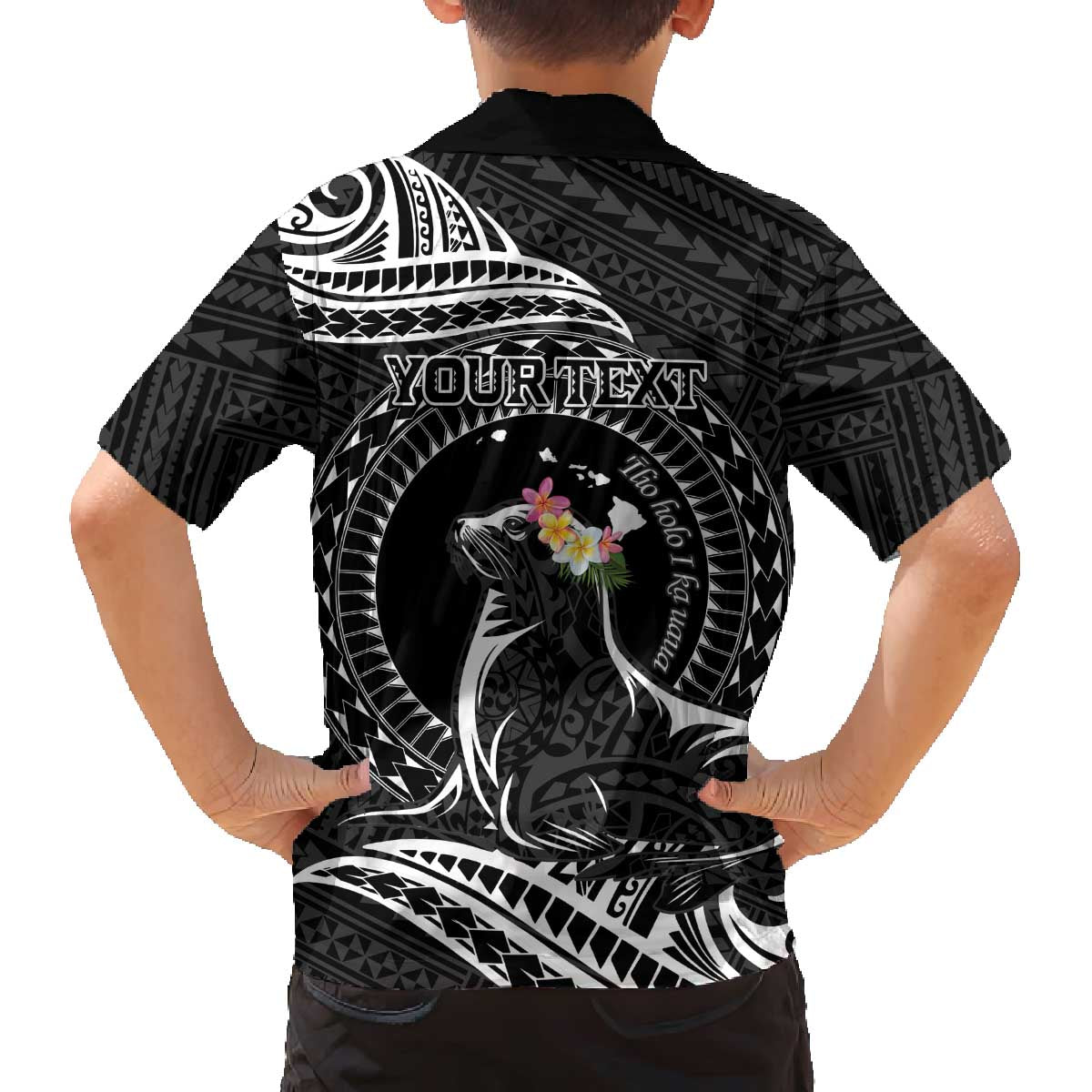 Personalised Hawaii Monk Seal Family Matching Off The Shoulder Long Sleeve Dress and Hawaiian Shirt Polynesian Tattoo With Tropical Flowers - Black LT14 - Polynesian Pride