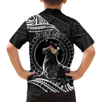 Personalised Hawaii Monk Seal Family Matching Off The Shoulder Long Sleeve Dress and Hawaiian Shirt Polynesian Tattoo With Tropical Flowers - Black LT14 - Polynesian Pride
