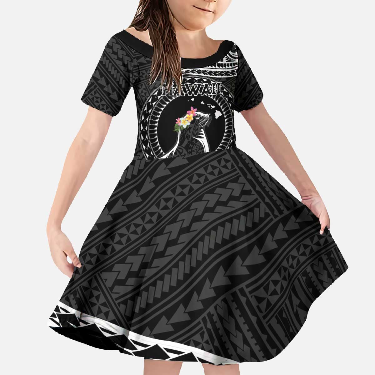 Personalised Hawaii Monk Seal Family Matching Off The Shoulder Long Sleeve Dress and Hawaiian Shirt Polynesian Tattoo With Tropical Flowers - Black LT14 Daughter's Dress Black - Polynesian Pride