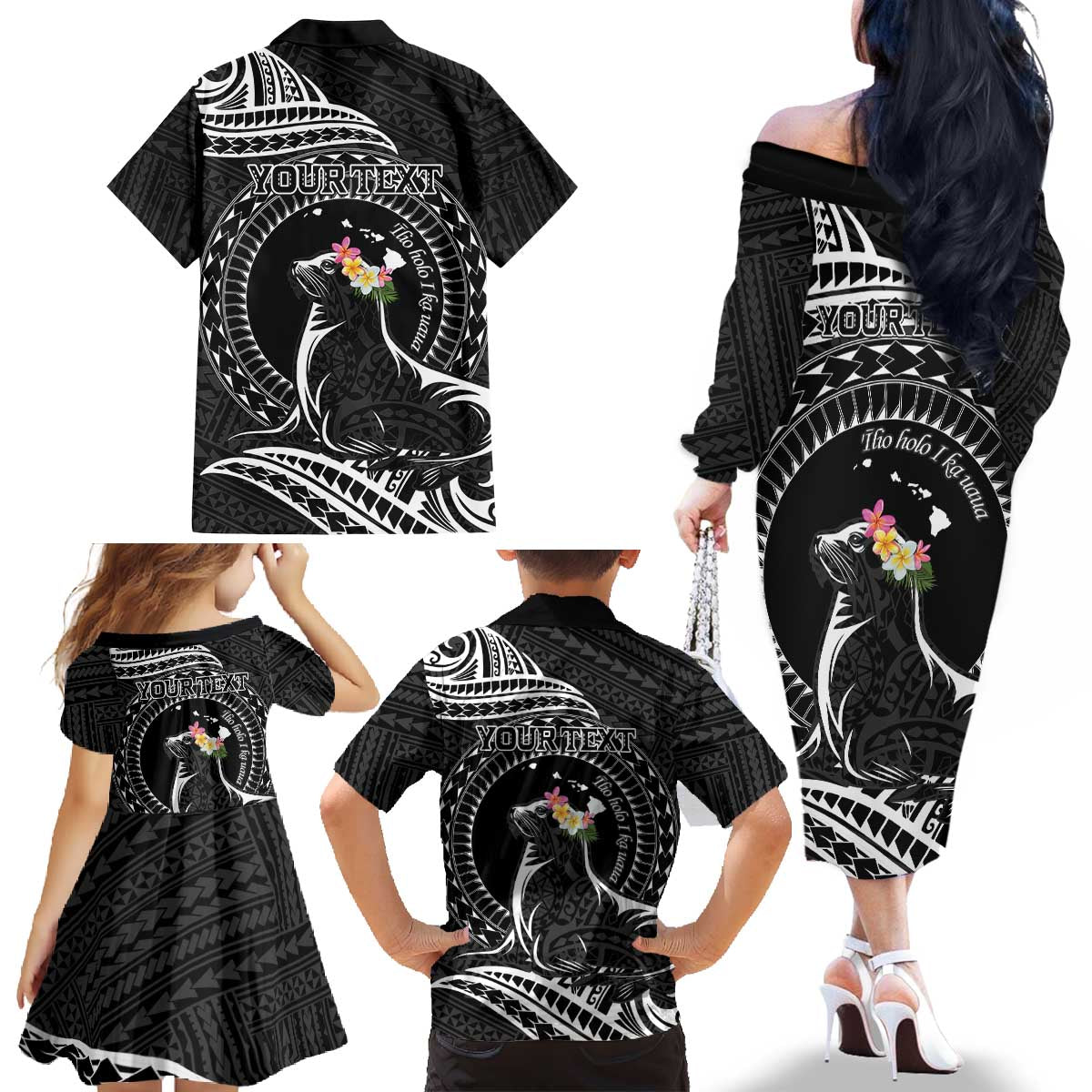 Personalised Hawaii Monk Seal Family Matching Off The Shoulder Long Sleeve Dress and Hawaiian Shirt Polynesian Tattoo With Tropical Flowers - Black LT14 - Polynesian Pride