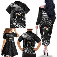 Personalised Hawaii Monk Seal Family Matching Off The Shoulder Long Sleeve Dress and Hawaiian Shirt Polynesian Tattoo With Tropical Flowers - Black LT14 - Polynesian Pride