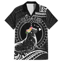 Personalised Hawaii Monk Seal Family Matching Off The Shoulder Long Sleeve Dress and Hawaiian Shirt Polynesian Tattoo With Tropical Flowers - Black LT14 Dad's Shirt - Short Sleeve Black - Polynesian Pride