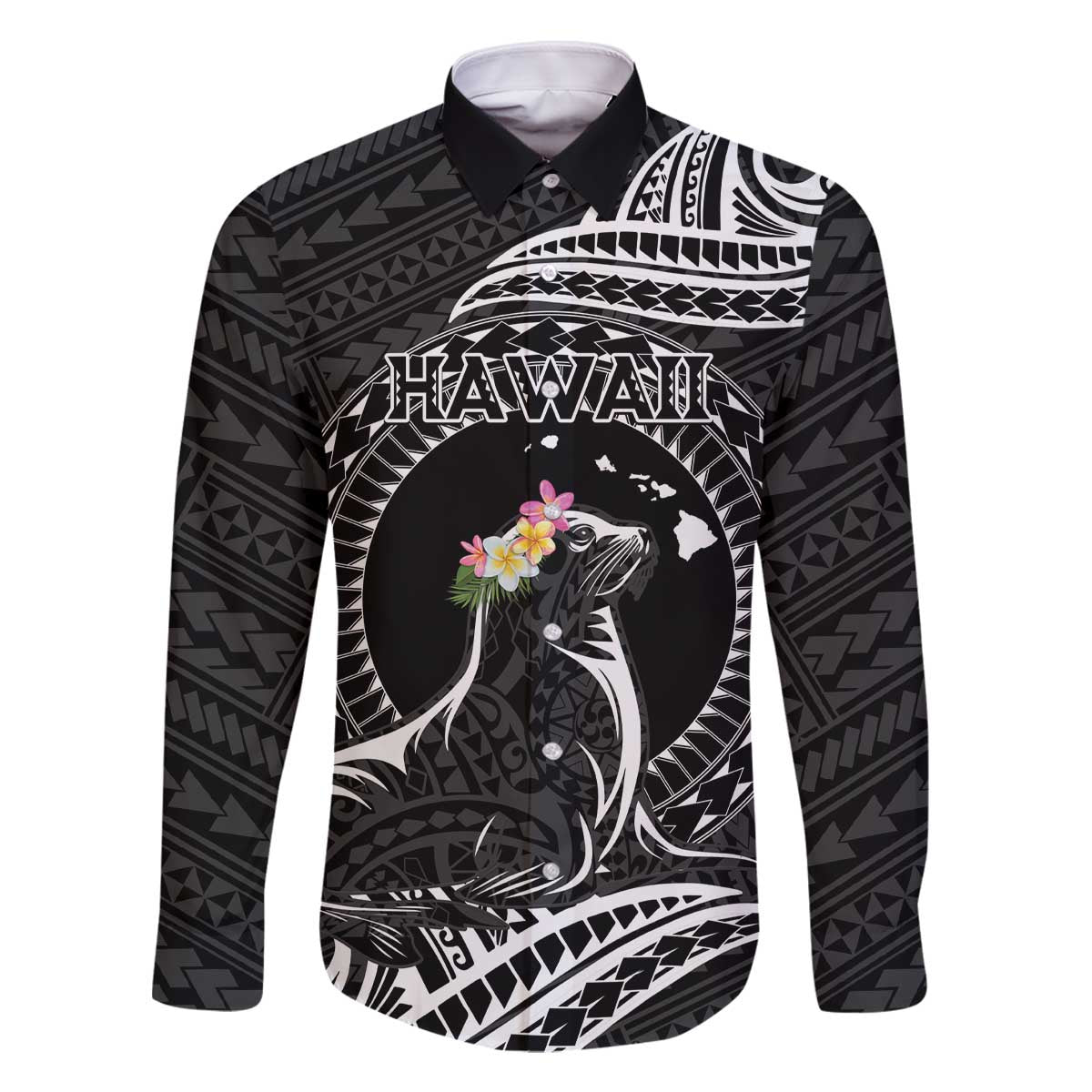 Personalised Hawaii Monk Seal Family Matching Off The Shoulder Long Sleeve Dress and Hawaiian Shirt Polynesian Tattoo With Tropical Flowers - Black LT14 Dad's Shirt - Long Sleeve Black - Polynesian Pride