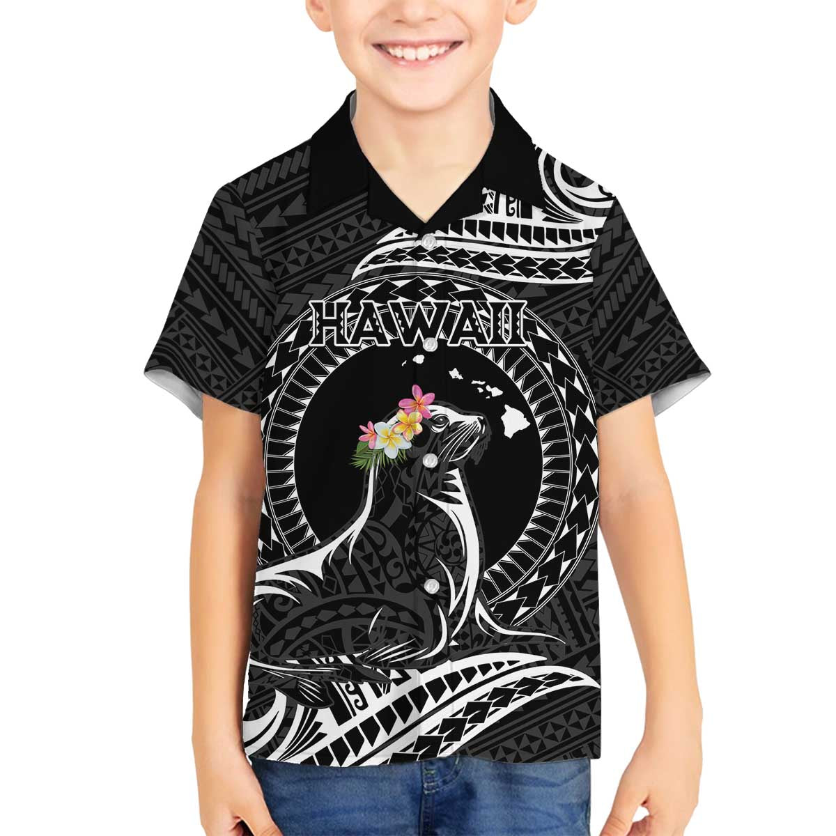 Personalised Hawaii Monk Seal Family Matching Off The Shoulder Long Sleeve Dress and Hawaiian Shirt Polynesian Tattoo With Tropical Flowers - Black LT14 Son's Shirt Black - Polynesian Pride