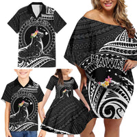 Personalised Hawaii Monk Seal Family Matching Off Shoulder Short Dress and Hawaiian Shirt Polynesian Tattoo With Tropical Flowers - Black LT14 - Polynesian Pride