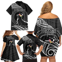 Personalised Hawaii Monk Seal Family Matching Off Shoulder Short Dress and Hawaiian Shirt Polynesian Tattoo With Tropical Flowers - Black LT14 - Polynesian Pride