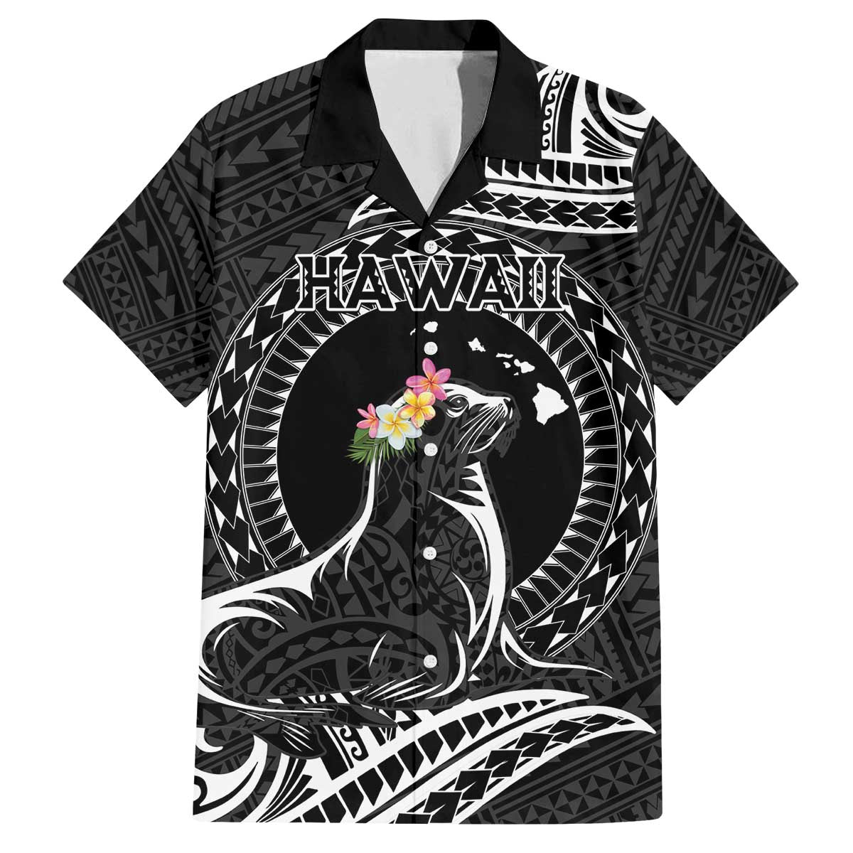 Personalised Hawaii Monk Seal Family Matching Off Shoulder Short Dress and Hawaiian Shirt Polynesian Tattoo With Tropical Flowers - Black LT14 Dad's Shirt - Short Sleeve Black - Polynesian Pride