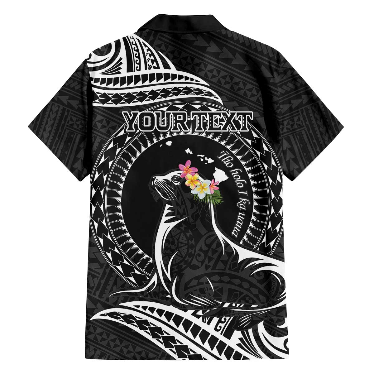 Personalised Hawaii Monk Seal Family Matching Off Shoulder Short Dress and Hawaiian Shirt Polynesian Tattoo With Tropical Flowers - Black LT14 - Polynesian Pride