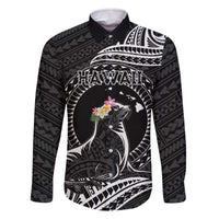 Personalised Hawaii Monk Seal Family Matching Off Shoulder Short Dress and Hawaiian Shirt Polynesian Tattoo With Tropical Flowers - Black LT14 Dad's Shirt - Long Sleeve Black - Polynesian Pride