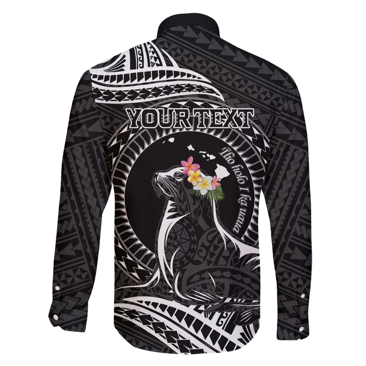 Personalised Hawaii Monk Seal Family Matching Off Shoulder Short Dress and Hawaiian Shirt Polynesian Tattoo With Tropical Flowers - Black LT14 - Polynesian Pride