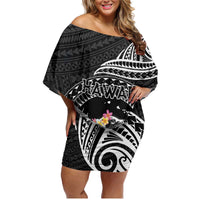 Personalised Hawaii Monk Seal Family Matching Off Shoulder Short Dress and Hawaiian Shirt Polynesian Tattoo With Tropical Flowers - Black LT14 Mom's Dress Black - Polynesian Pride