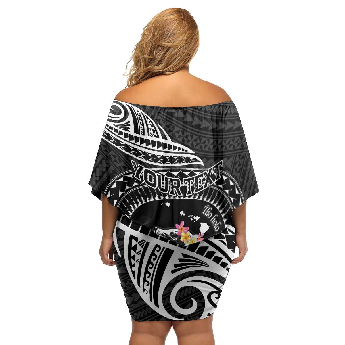 Personalised Hawaii Monk Seal Family Matching Off Shoulder Short Dress and Hawaiian Shirt Polynesian Tattoo With Tropical Flowers - Black LT14 - Polynesian Pride