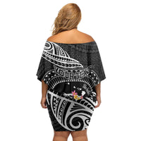 Personalised Hawaii Monk Seal Family Matching Off Shoulder Short Dress and Hawaiian Shirt Polynesian Tattoo With Tropical Flowers - Black LT14 - Polynesian Pride