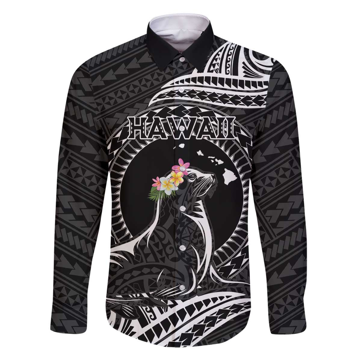 Personalised Hawaii Monk Seal Family Matching Puletasi and Hawaiian Shirt Polynesian Tattoo With Tropical Flowers - Black LT14 Dad's Shirt - Long Sleeve Black - Polynesian Pride