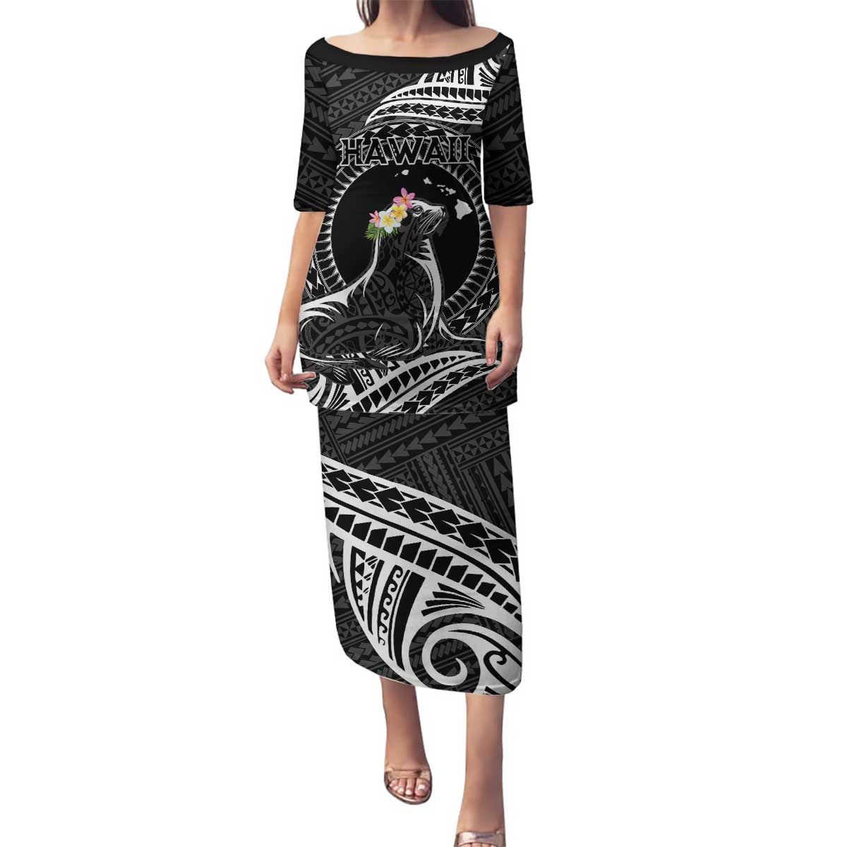 Personalised Hawaii Monk Seal Family Matching Puletasi and Hawaiian Shirt Polynesian Tattoo With Tropical Flowers - Black LT14 Mom's Dress Black - Polynesian Pride