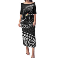 Personalised Hawaii Monk Seal Family Matching Puletasi and Hawaiian Shirt Polynesian Tattoo With Tropical Flowers - Black LT14 Mom's Dress Black - Polynesian Pride