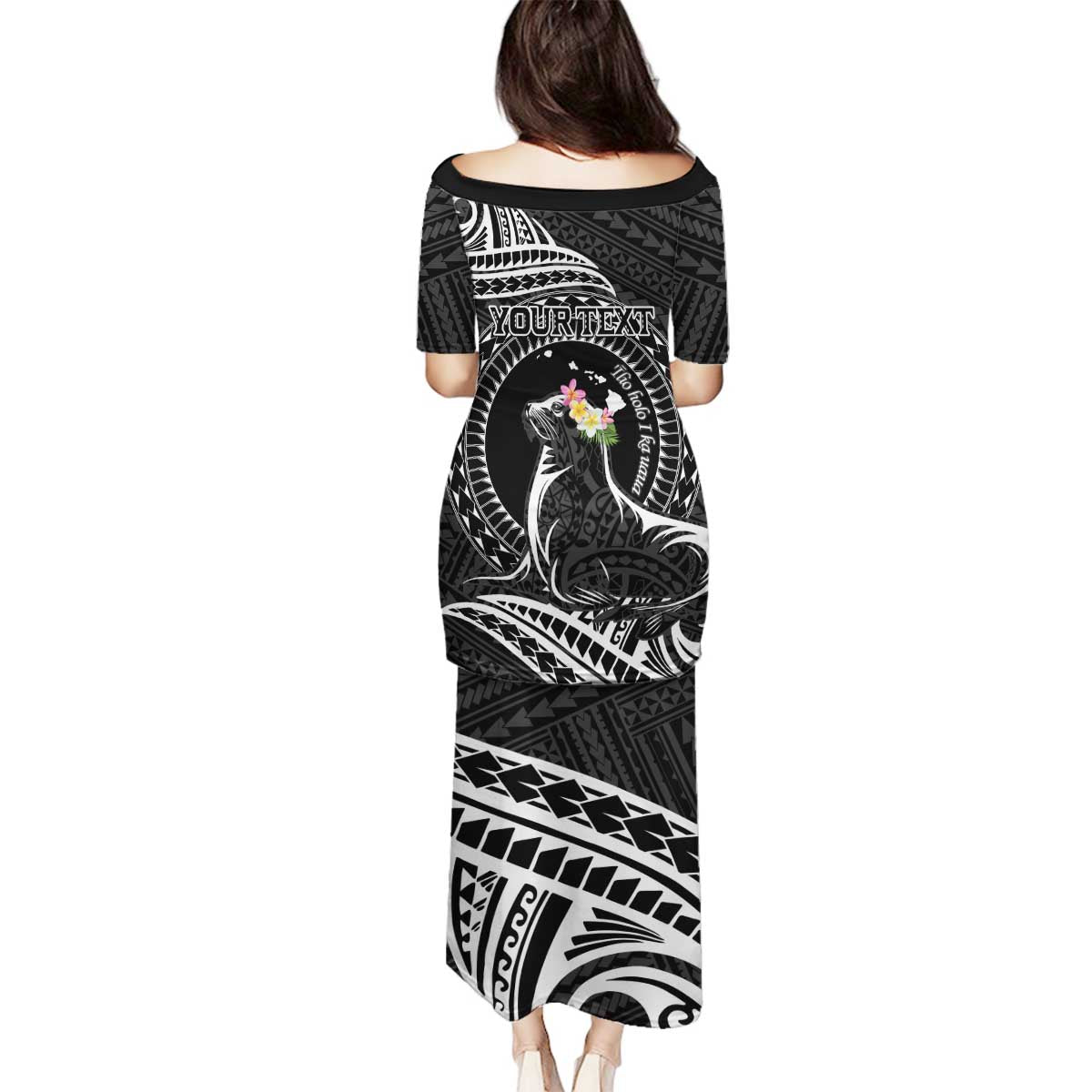 Personalised Hawaii Monk Seal Family Matching Puletasi and Hawaiian Shirt Polynesian Tattoo With Tropical Flowers - Black LT14 - Polynesian Pride