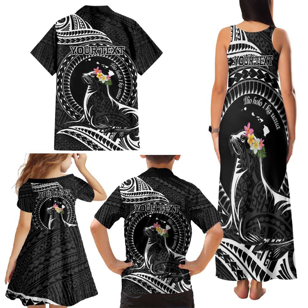 Personalised Hawaii Monk Seal Family Matching Tank Maxi Dress and Hawaiian Shirt Polynesian Tattoo With Tropical Flowers - Black LT14 - Polynesian Pride
