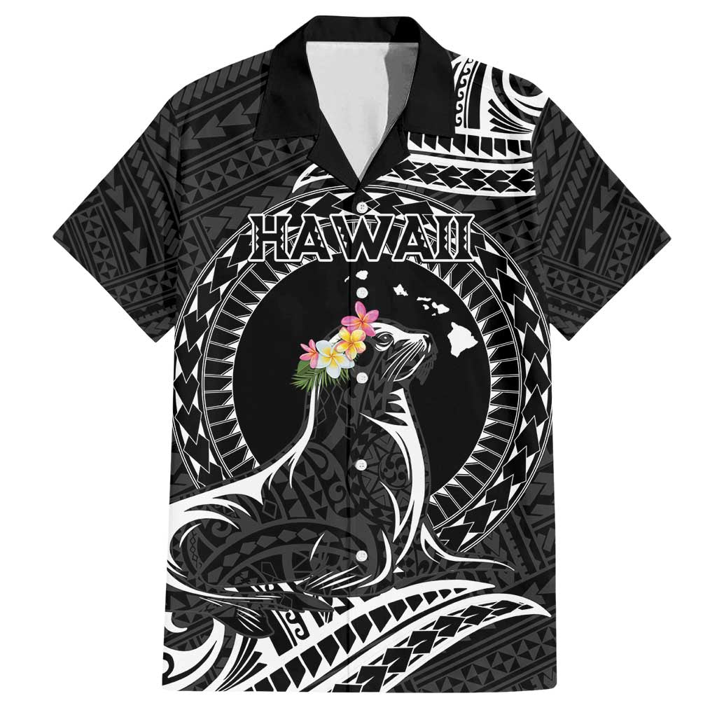 Personalised Hawaii Monk Seal Family Matching Tank Maxi Dress and Hawaiian Shirt Polynesian Tattoo With Tropical Flowers - Black LT14 Dad's Shirt - Short Sleeve Black - Polynesian Pride