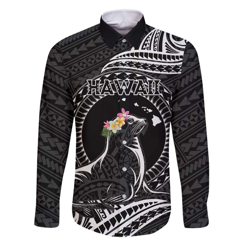 Personalised Hawaii Monk Seal Family Matching Tank Maxi Dress and Hawaiian Shirt Polynesian Tattoo With Tropical Flowers - Black LT14 Dad's Shirt - Long Sleeve Black - Polynesian Pride