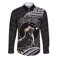 Personalised Hawaii Monk Seal Family Matching Tank Maxi Dress and Hawaiian Shirt Polynesian Tattoo With Tropical Flowers - Black LT14 Dad's Shirt - Long Sleeve Black - Polynesian Pride