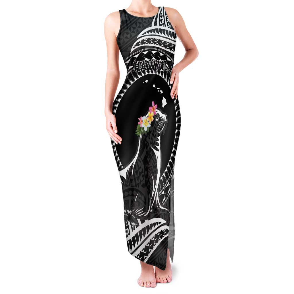 Personalised Hawaii Monk Seal Family Matching Tank Maxi Dress and Hawaiian Shirt Polynesian Tattoo With Tropical Flowers - Black LT14 Mom's Dress Black - Polynesian Pride