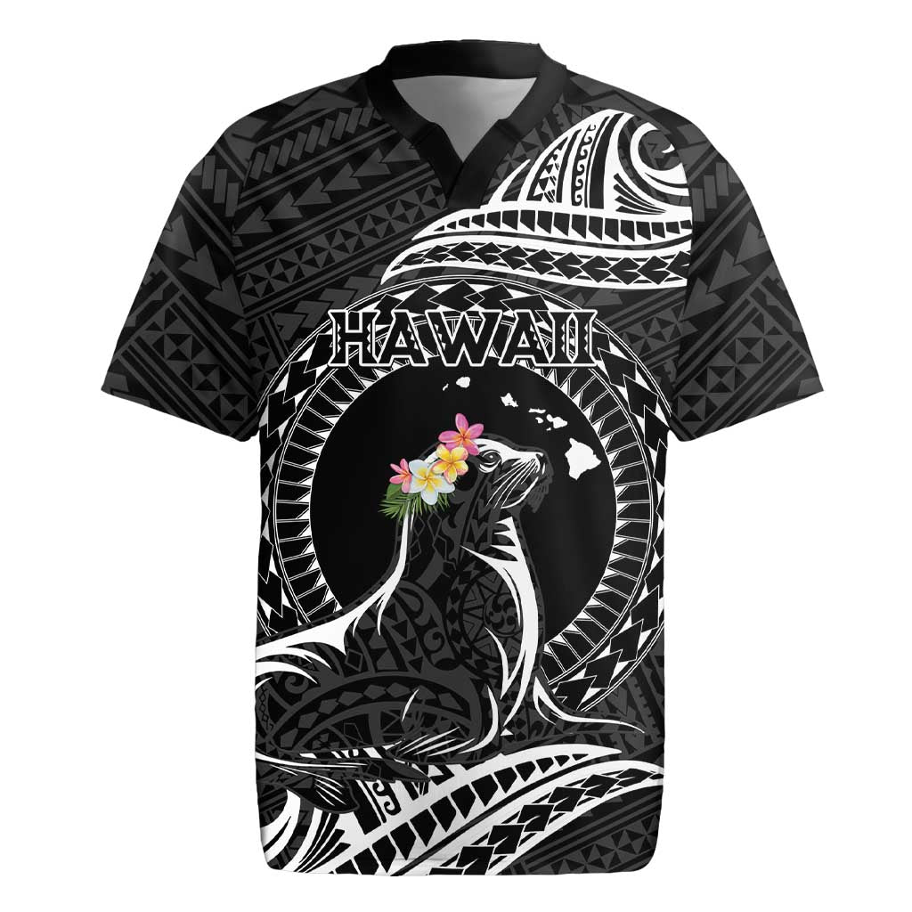 Personalised Hawaii Monk Seal Rugby Jersey Polynesian Tattoo With Tropical Flowers - Black LT14 Black - Polynesian Pride