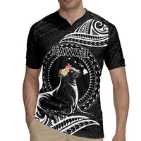 Personalised Hawaii Monk Seal Rugby Jersey Polynesian Tattoo With Tropical Flowers - Black LT14 - Polynesian Pride