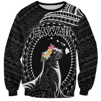 Personalised Hawaii Monk Seal Sweatshirt Polynesian Tattoo With Tropical Flowers - Black