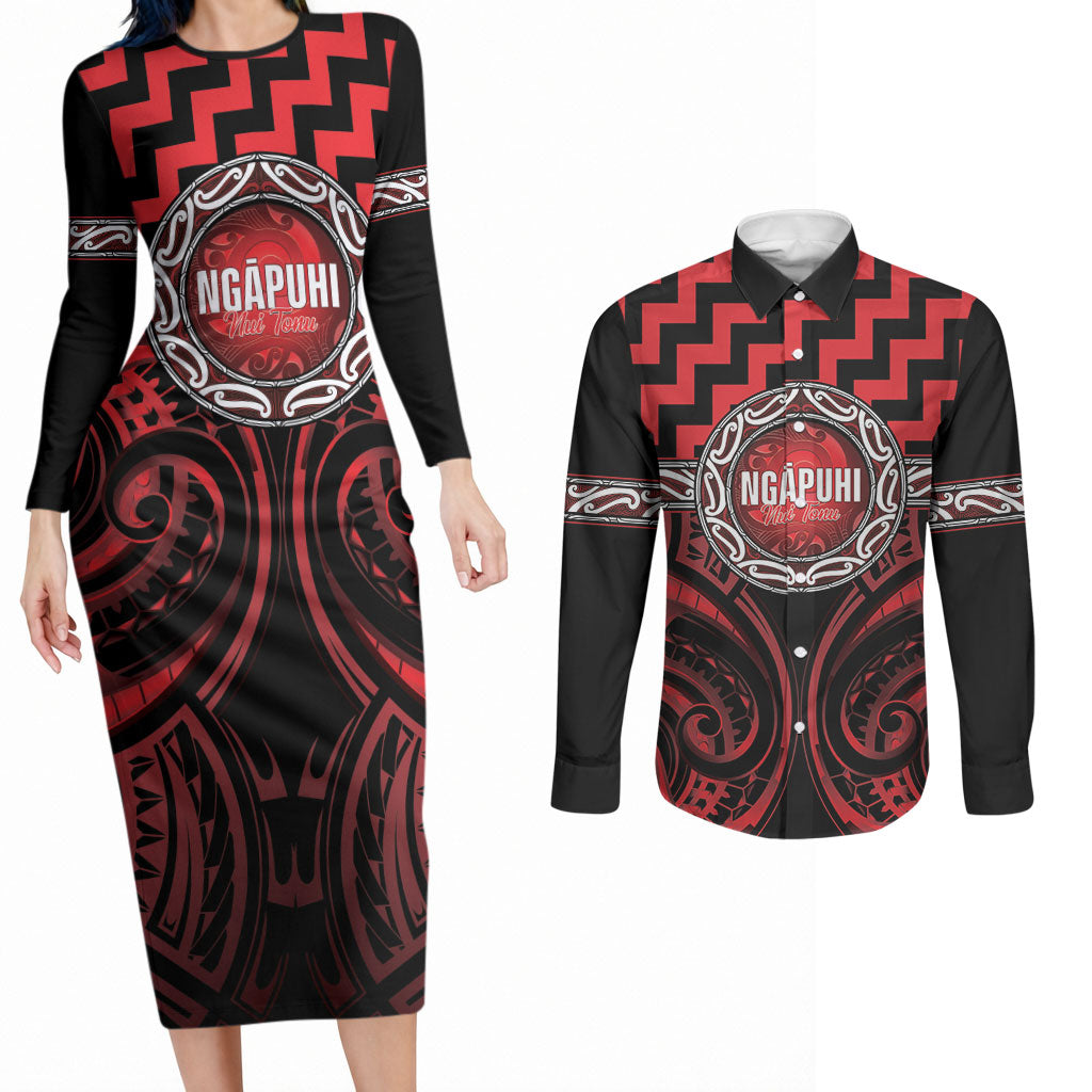 Aotearoa Ngapuhi Personalised Couples Matching Long Sleeve Bodycon Dress and Long Sleeve Button Shirt Maori Iwi Poutama Puhoro Tattoo