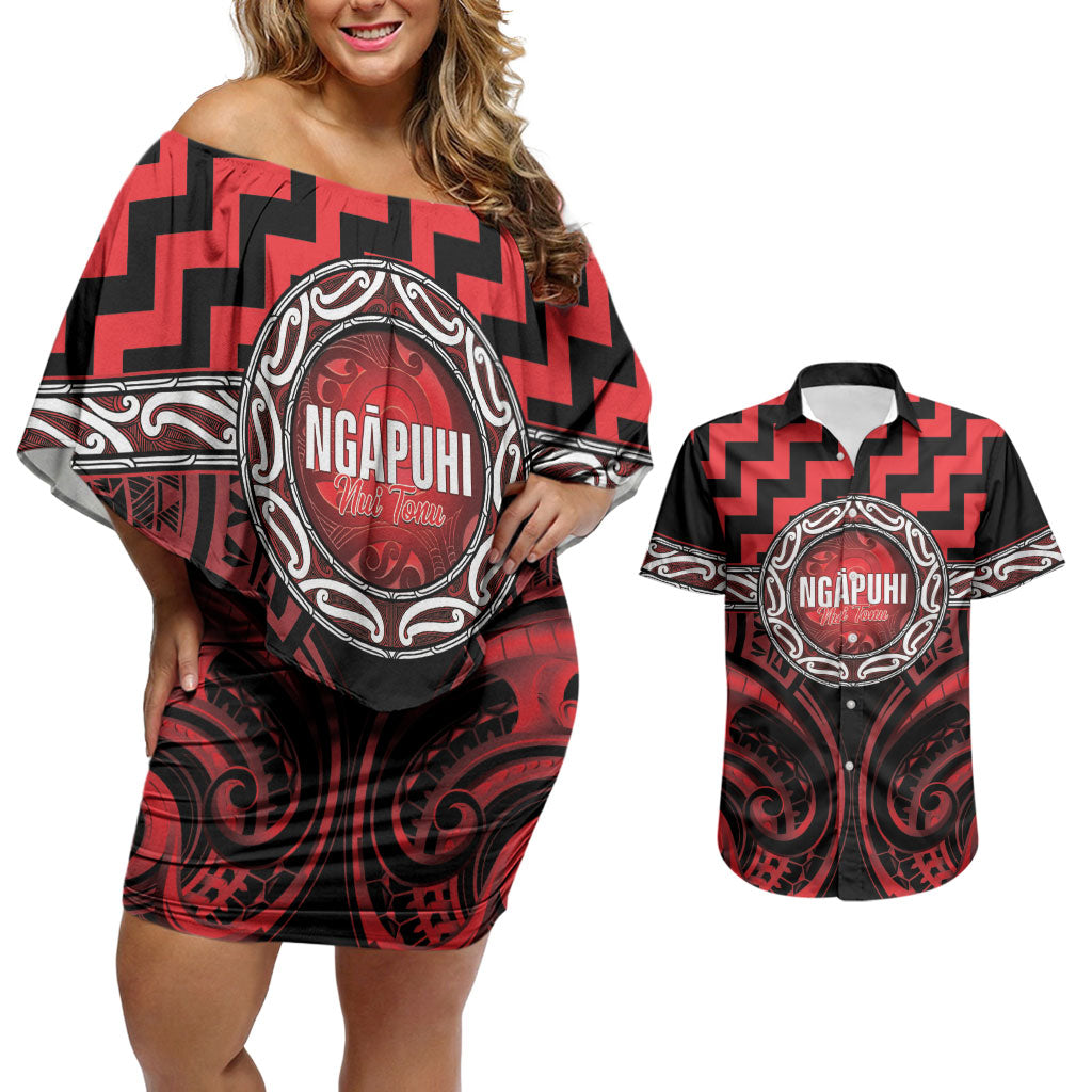 Aotearoa Ngapuhi Personalised Couples Matching Off Shoulder Short Dress and Hawaiian Shirt Maori Iwi Poutama Puhoro Tattoo