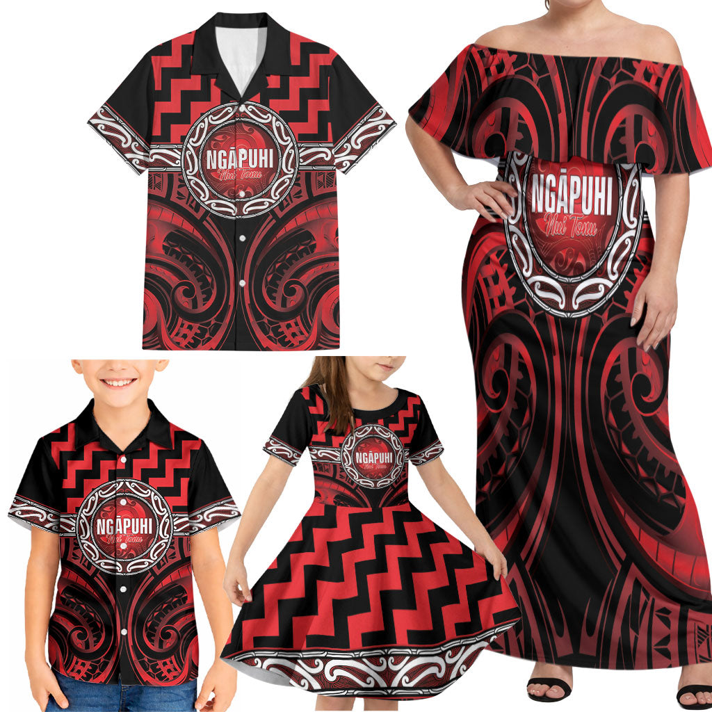 Aotearoa Ngapuhi Personalised Family Matching Off Shoulder Maxi Dress and Hawaiian Shirt Maori Iwi Poutama Puhoro Tattoo LT14 - Polynesian Pride