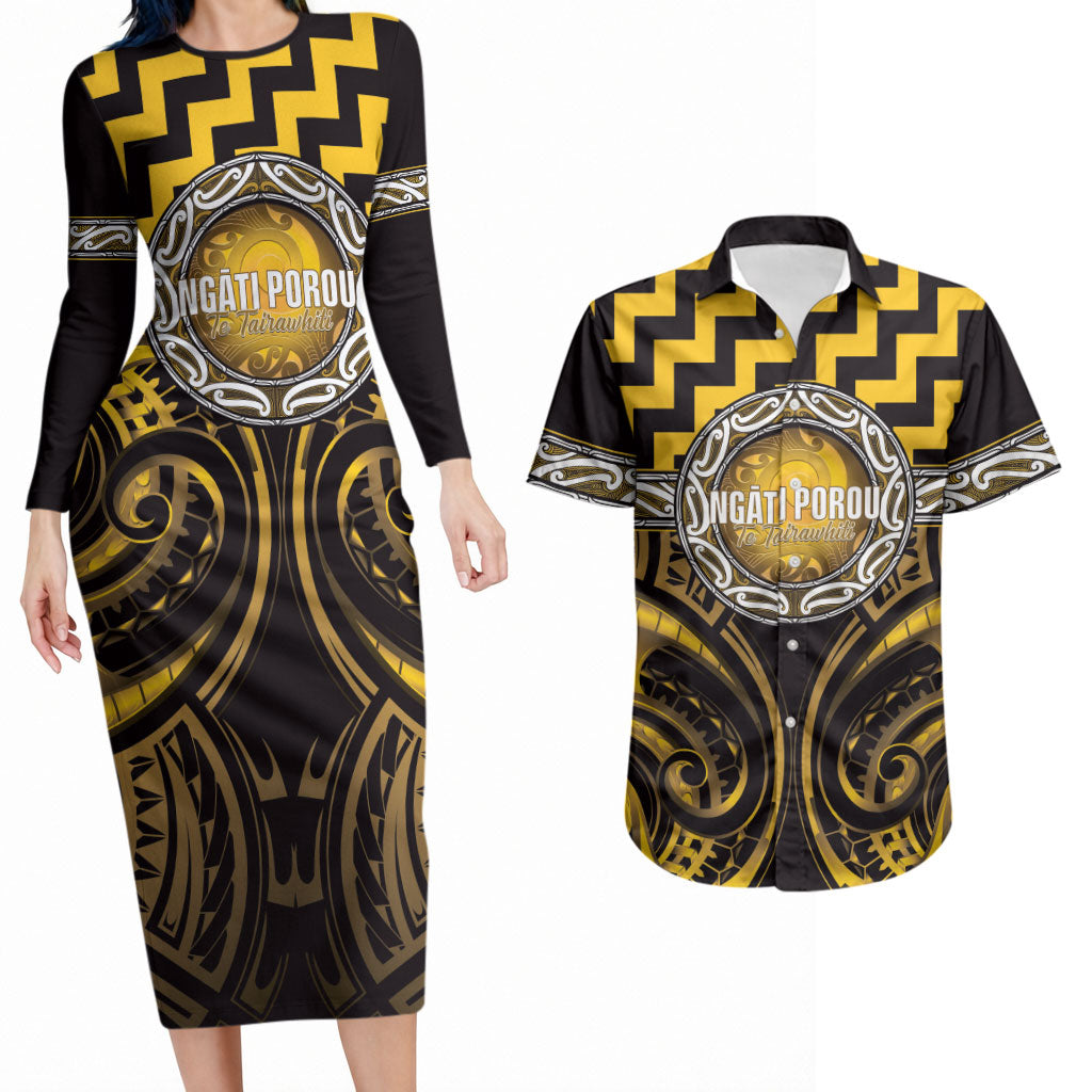 Aotearoa Ngati Porou Personalised Couples Matching Long Sleeve Bodycon Dress and Hawaiian Shirt Maori Iwi Poutama Puhoro Tattoo LT14 Yellow - Polynesian Pride