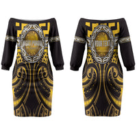 Aotearoa Ngati Porou Personalised Couples Matching Off The Shoulder Long Sleeve Dress and Hawaiian Shirt Maori Iwi Poutama Puhoro Tattoo