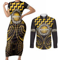 Aotearoa Ngati Porou Personalised Couples Matching Short Sleeve Bodycon Dress and Long Sleeve Button Shirt Maori Iwi Poutama Puhoro Tattoo