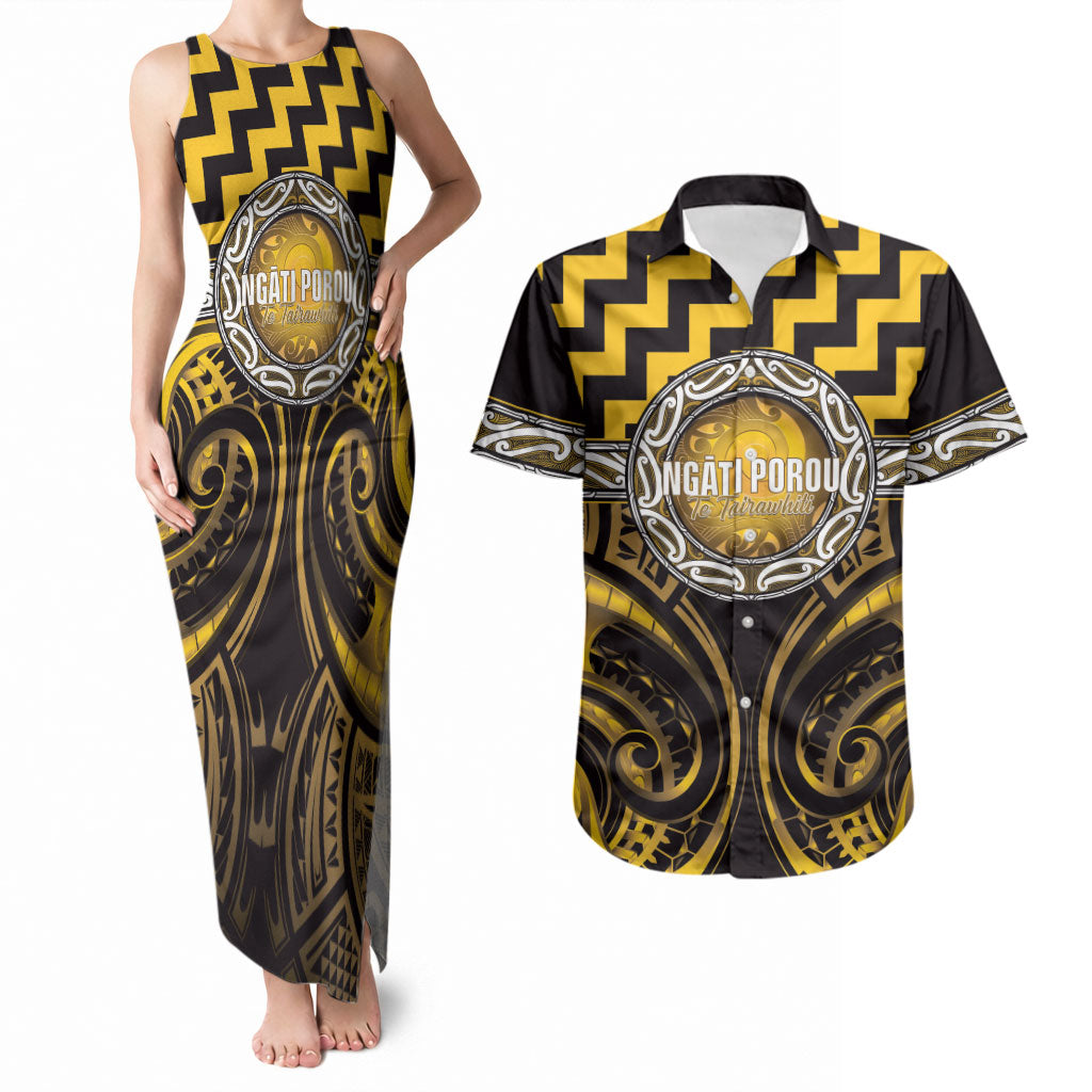 Aotearoa Ngati Porou Personalised Couples Matching Tank Maxi Dress and Hawaiian Shirt Maori Iwi Poutama Puhoro Tattoo LT14 Yellow - Polynesian Pride