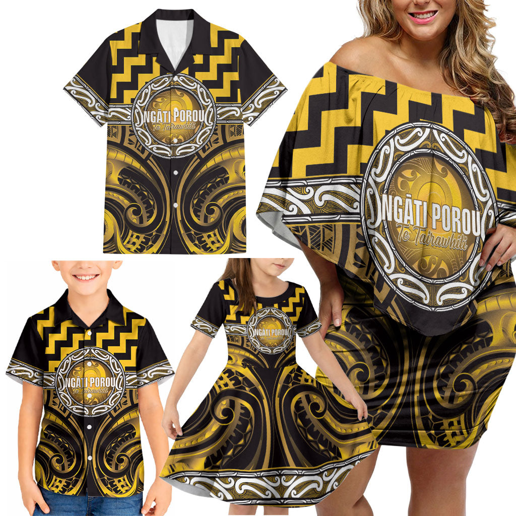 Aotearoa Ngati Porou Personalised Family Matching Off Shoulder Short Dress and Hawaiian Shirt Maori Iwi Poutama Puhoro Tattoo LT14 - Polynesian Pride