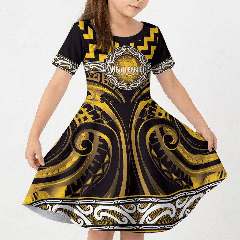 Aotearoa Ngati Porou Personalised Kid Short Sleeve Dress Maori Iwi Poutama Puhoro Tattoo