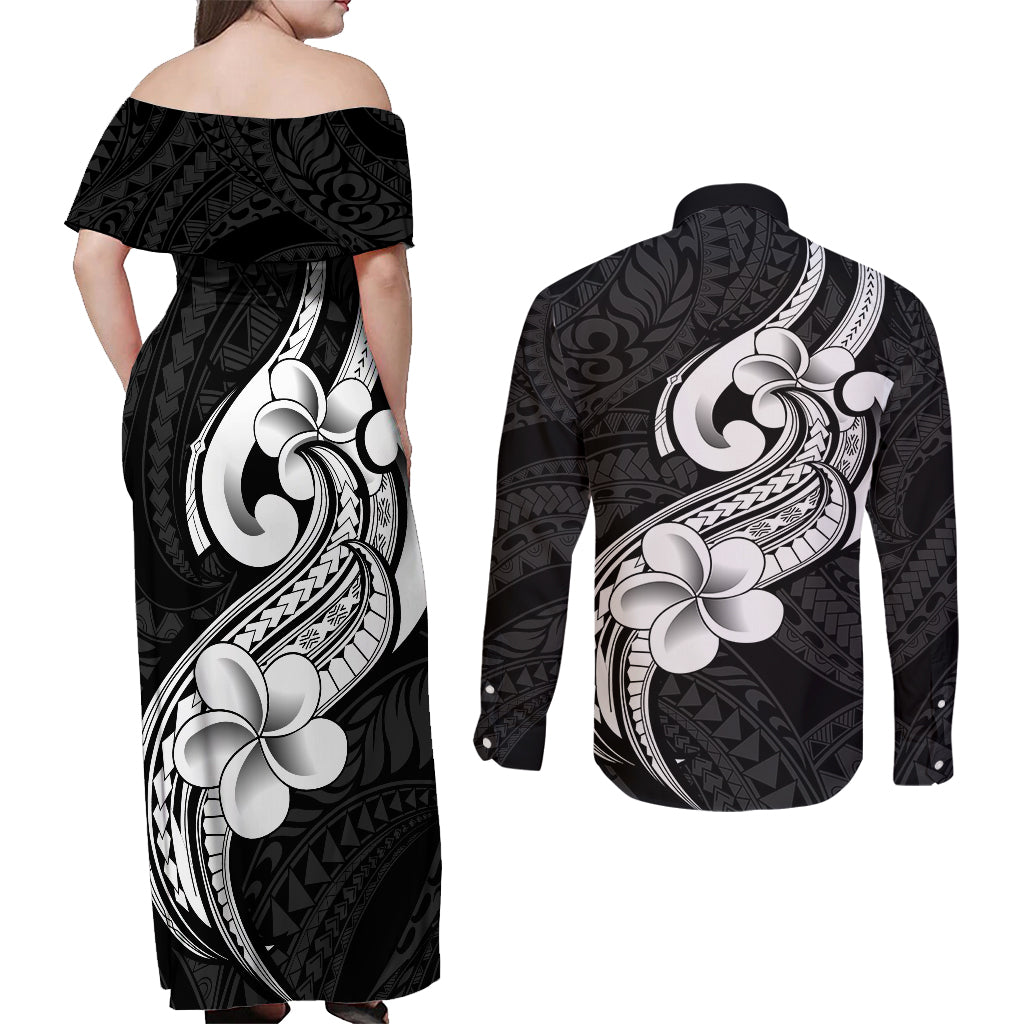 Polynesia Couples Matching Off Shoulder Maxi Dress and Long Sleeve Button Shirts Plumeria With Tribal Pattern Black Vibes LT14 - Polynesian Pride