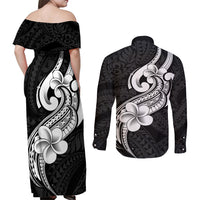 Polynesia Couples Matching Off Shoulder Maxi Dress and Long Sleeve Button Shirts Plumeria With Tribal Pattern Black Vibes LT14 - Polynesian Pride