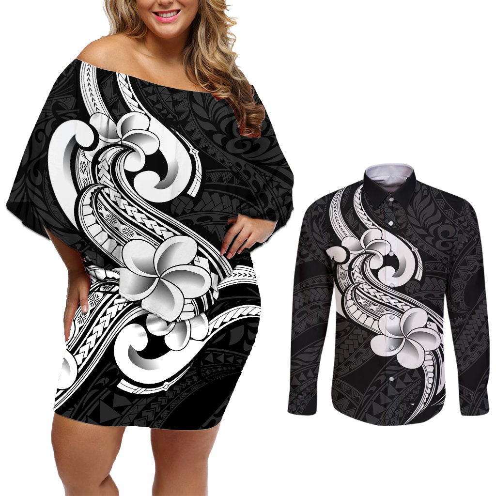 Polynesia Couples Matching Off Shoulder Short Dress and Long Sleeve Button Shirts Plumeria With Tribal Pattern Black Vibes LT14 Black - Polynesian Pride
