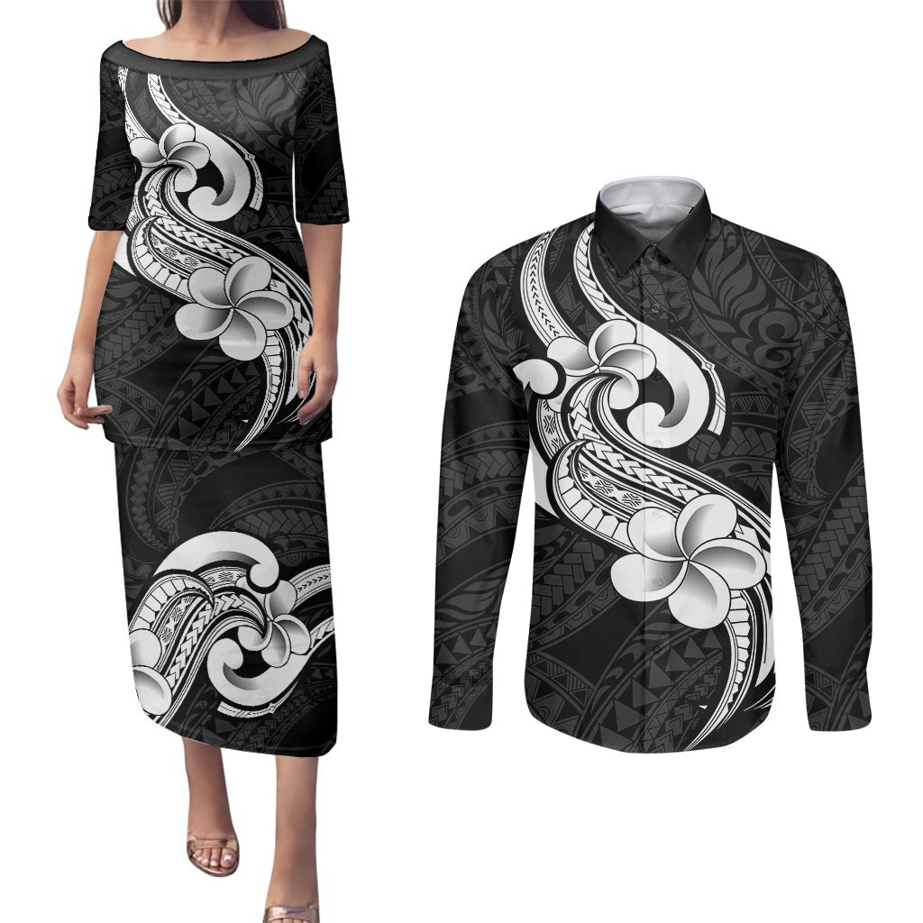 Polynesia Couples Matching Puletasi Dress and Long Sleeve Button Shirts Plumeria With Tribal Pattern Black Vibes LT14 Black - Polynesian Pride