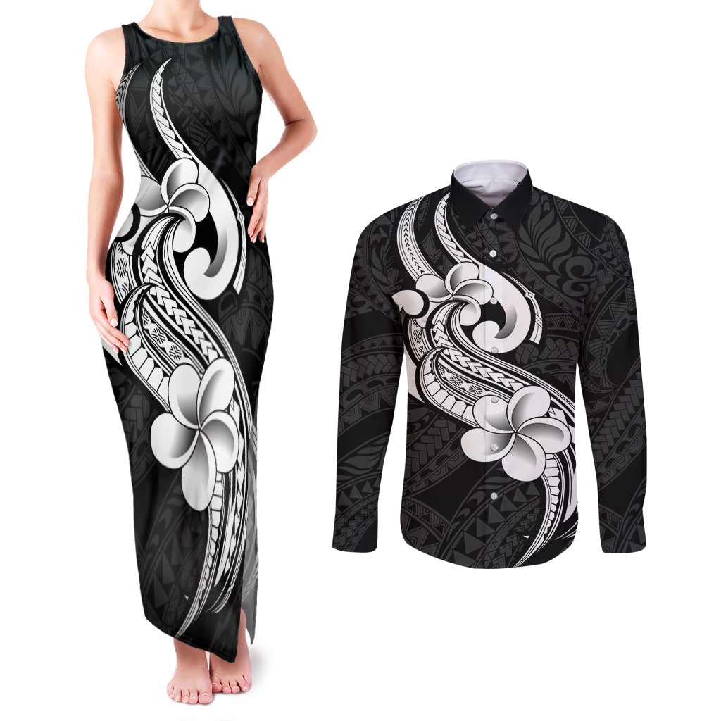 Polynesia Couples Matching Tank Maxi Dress and Long Sleeve Button Shirts Plumeria With Tribal Pattern Black Vibes LT14 Black - Polynesian Pride