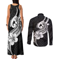 Polynesia Couples Matching Tank Maxi Dress and Long Sleeve Button Shirts Plumeria With Tribal Pattern Black Vibes LT14 - Polynesian Pride
