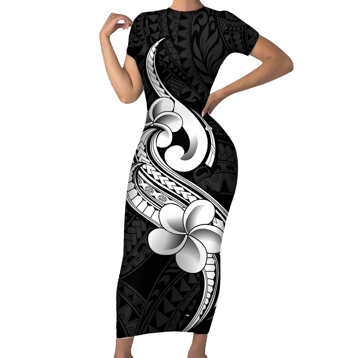 Polynesia Family Matching Outfits Short Sleeve Bodycon Dress And Hawaiian Shirt Plumeria With Tribal Pattern Black Vibes LT14 - Polynesian Pride