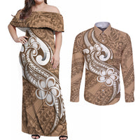 Polynesia Couples Matching Off Shoulder Maxi Dress and Long Sleeve Button Shirts Plumeria With Tribal Pattern Brown Pastel Vibes LT14 Brown - Polynesian Pride