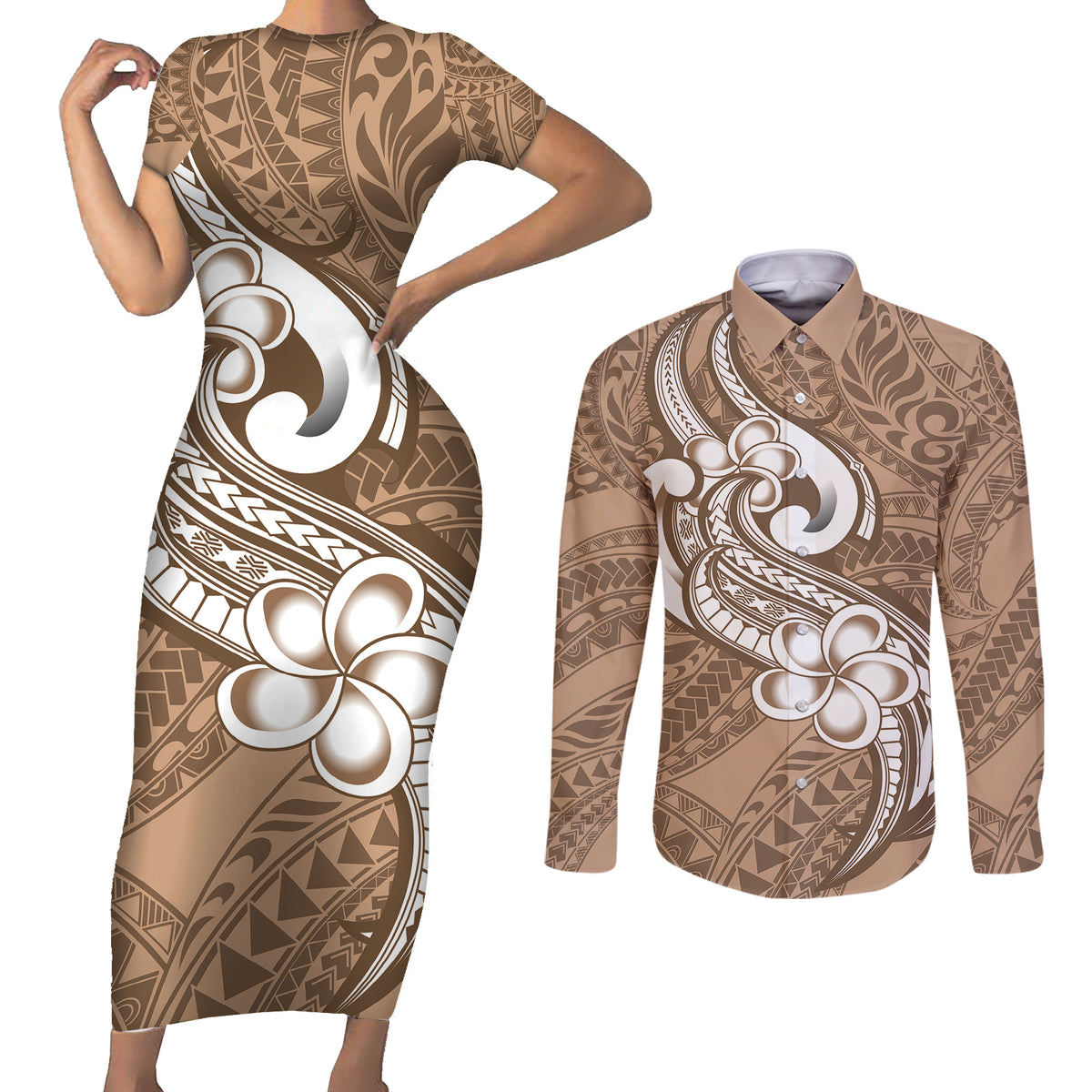 Polynesia Couples Matching Short Sleeve Bodycon Dress and Long Sleeve Button Shirts Plumeria With Tribal Pattern Brown Pastel Vibes LT14 Brown - Polynesian Pride