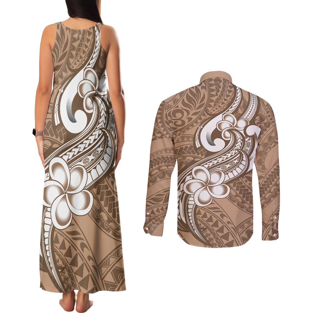 Polynesia Couples Matching Tank Maxi Dress and Long Sleeve Button Shirts Plumeria With Tribal Pattern Brown Pastel Vibes LT14 - Polynesian Pride